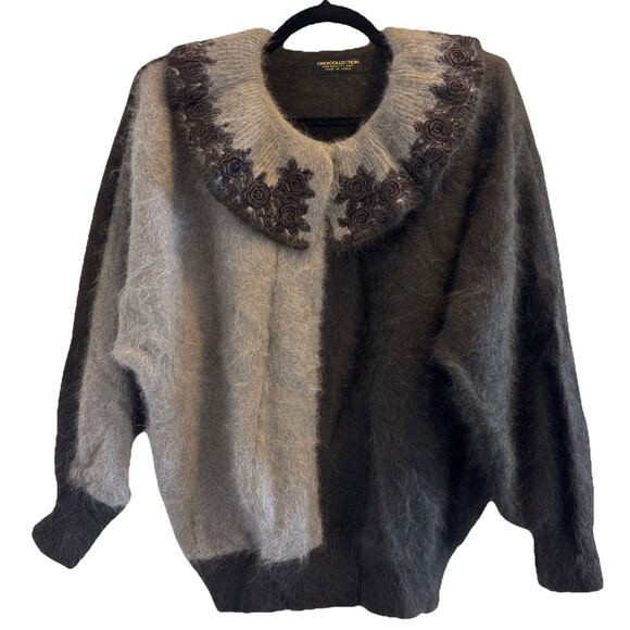 Vintage Cottagecore Mohair Angora Sweater M Luxury Knit Embroidered Collar - Picture 1 of 7